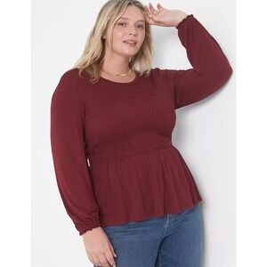 Lane Bryant Smocked Fitted Blouson-Sleeve Peplum Top Size 18/20 Burgundy‎ Blouse